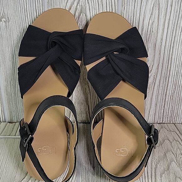 UGG Joslyn Black Leather Platform Wedge Cork Heeled Sandals Womens Size 5 NEW - Picture 6 of 13